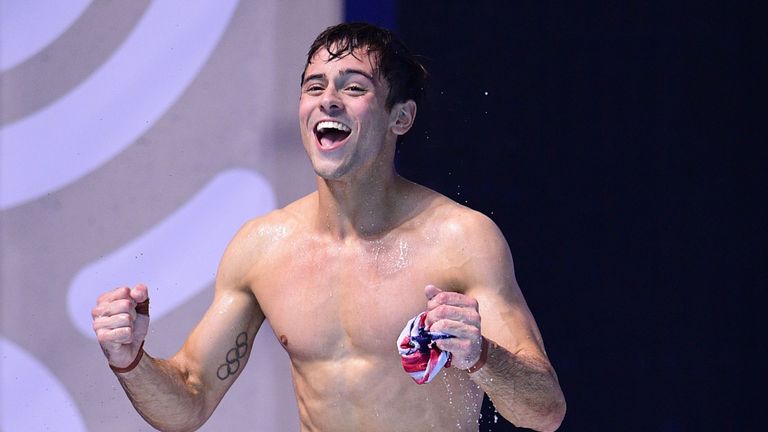 Great Britain's Tom Daley celebrates after winning the Men's 10m platform final at World Championships in Budapest