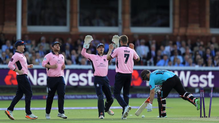 Aaron Finch of Surrey is bowled out by Tom Helm of Middlesex during the NatWest T20 Blast match between Middlesex and Surrey