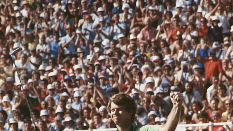 Tom Watson of the United States celebrates winning the 106th Open Championship on 9th July 1977 on the Ailsa Course at the Turnberry Golf Club in Turnberry