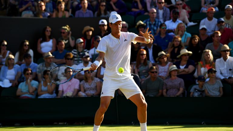 LONDON, ENGLAND - JULY 04:  Thomas Berdych of The Czech Republic plays a forehand during the Gentlemen's Singles first round match against Jeremy Chardy of