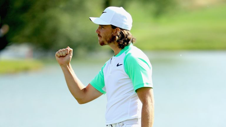 PARIS, FRANCE - JULY 02:  Tommy Fleetwood of England celebrates a par putt on the 18th green during day four of the HNA Open de France at Le Golf National 