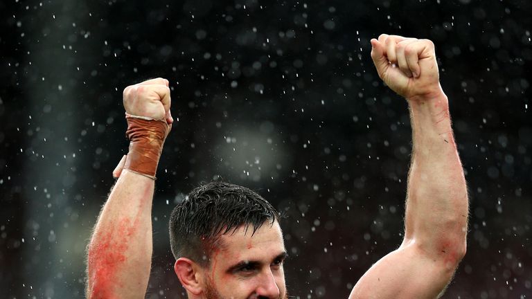 LEEDS, ENGLAND - AUGUST 01: Tyrone McCarthy of Hull KR celebrates at full-time following the Ladbrokes Challenge Cup Semi-Final match between Warrington Wo