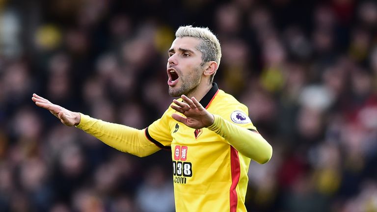 WATFORD, ENGLAND - FEBRUARY 04:  Valon Behrami of Watford gestures during the Premier League match between Watford and Burnley at Vicarage Road on February