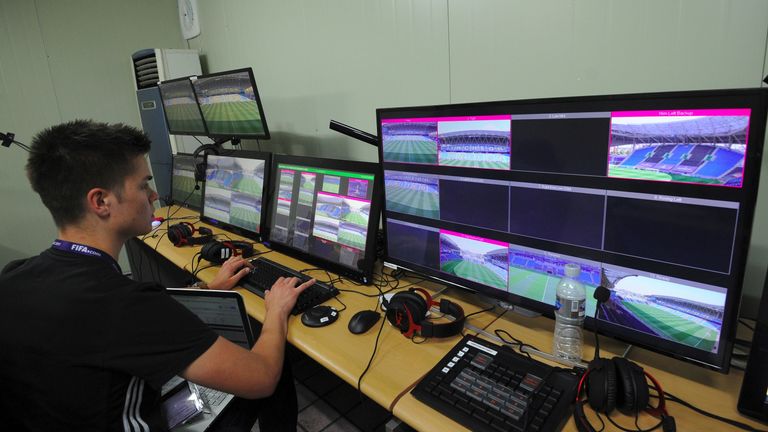 Video assistant members check monitors at a video operations room ahead of the FIFA U-20 World Cup round of 16 football match between Mexico and Senegal in