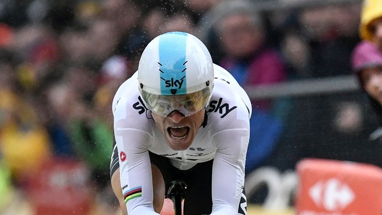 Team Sky's Vasil Kiryienka reacts as he crosses the finish line the first stage of the 104th edition of the Tour de France