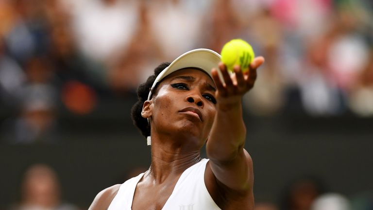 LONDON, ENGLAND - JULY 11:  Venus Williams of The United States serves during the Ladies Singles quarter final match against Jelena Ostapenko of Latvia on 