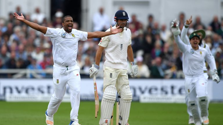 NOTTINGHAM, ENGLAND - JULY 15:  Vernon Philander of South Africa successfully appeals for the wicket of Alastair Cook of England during day two of the 2nd 