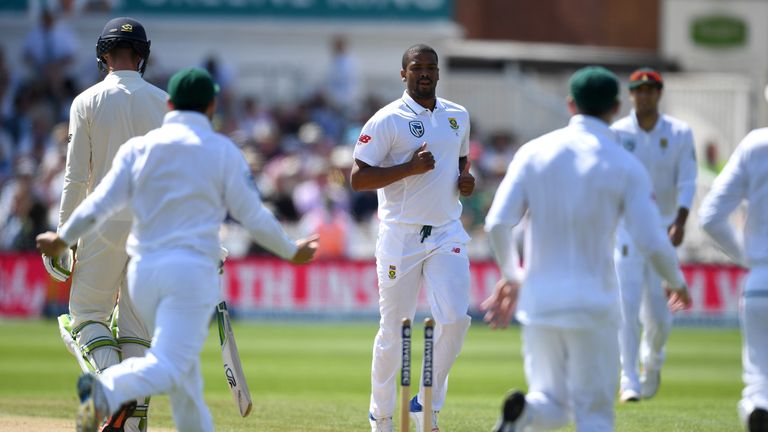 NOTTINGHAM, ENGLAND - JULY 17:  Vernon Philander of South Africa celebrates with teammates after dismissing Keaton Jennings of England during day four of t