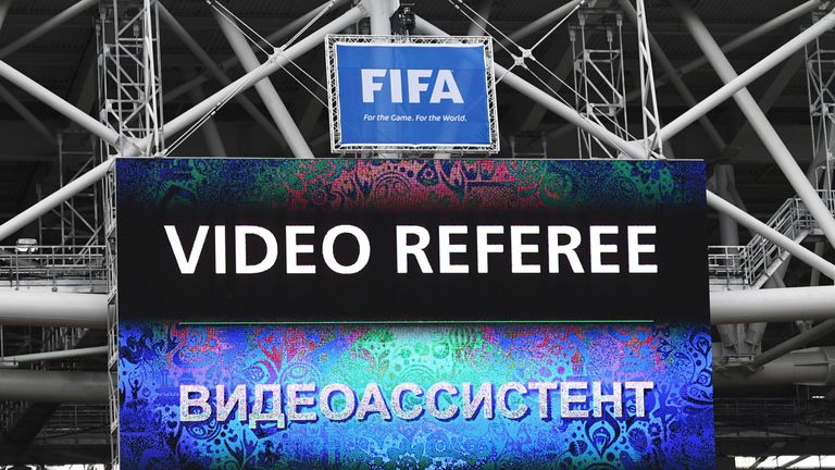 View of the screen as video referee assitance is used during the 2017 Confederations Cup group B football match between Chile and Australia at the Spartak 