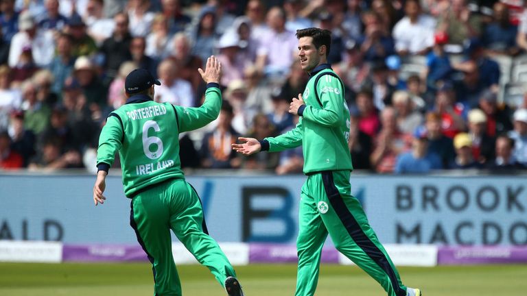 Ireland's George Dockrell celebrates with team-mate William Porterfield an English wicket during the ODI between England and Ireland at Lord's, May 2017