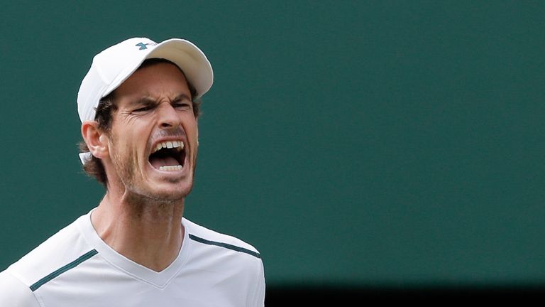 Britain's Andy Murray reacts after a point against US player Sam Querrey during their men's singles quarter-final match 2017 Wimbledon