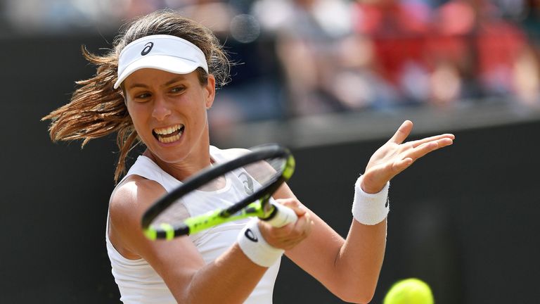 Johanna Konta in action during her fourth round singles match against France's Caroline Garcia