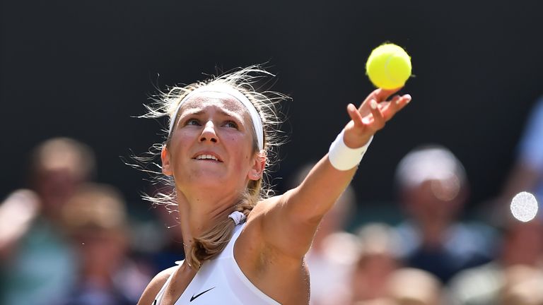 Victoria Azarenka serves against Heather Watson during their third round match on day five of Wimbledon