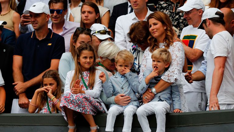 Mirka Federer, wife of Roger, stands with her children Charlene Riva, Myla Rose, Lenny and Leo