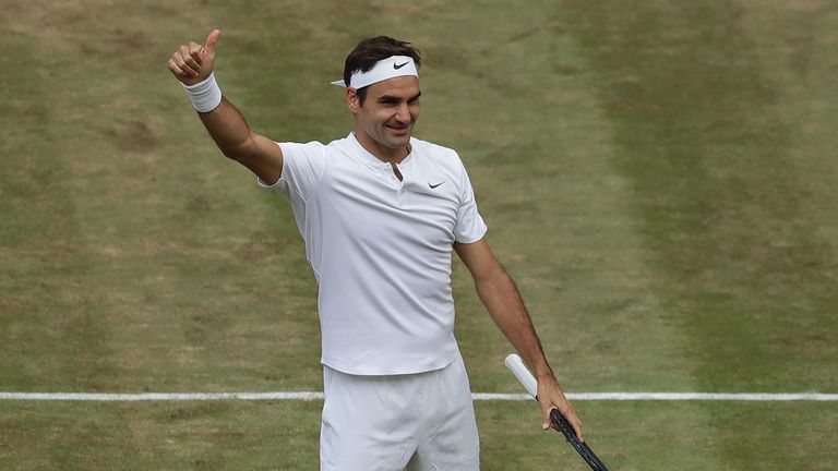 Switzerland's Roger Federer celebrates after winning against Czech Republic's Tomas Berdych during their men's singles semi-final match