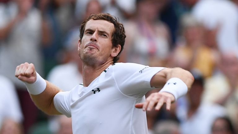 Britain's Andy Murray celebrates beating Italy's Fabio Fognini during their men's singles third round match on the fifth day of Wimbledon