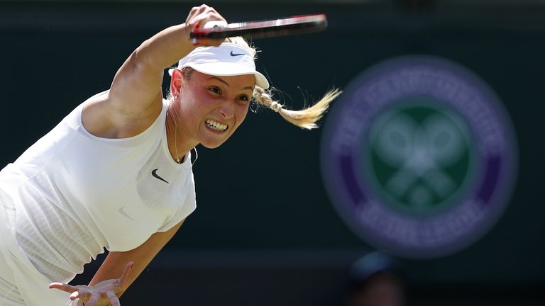 Croatia's Donna Vekic serves against Britain's Johanna Konta during their women's singles second round match on the third day of the 2017 Wimbledon