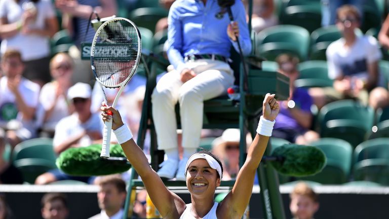 Heather Watson celebrates after defeating Anastasija Sevastova during their second round match Wimbledon