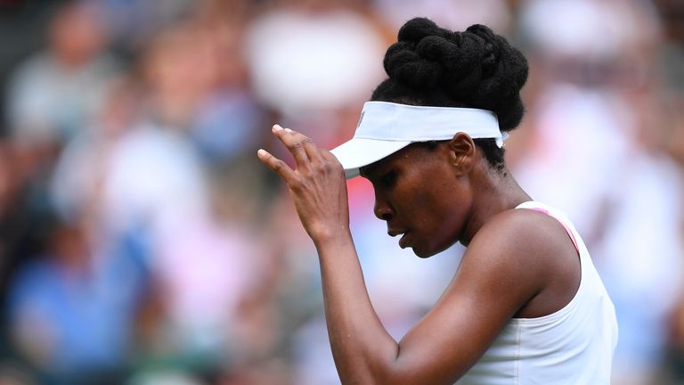 Venus Williams between games during her Wimbledon singles match against Elise Mertens