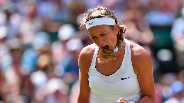 Belarus's Victoria Azarenka celebrates winning a point against Britain's Heather Watson