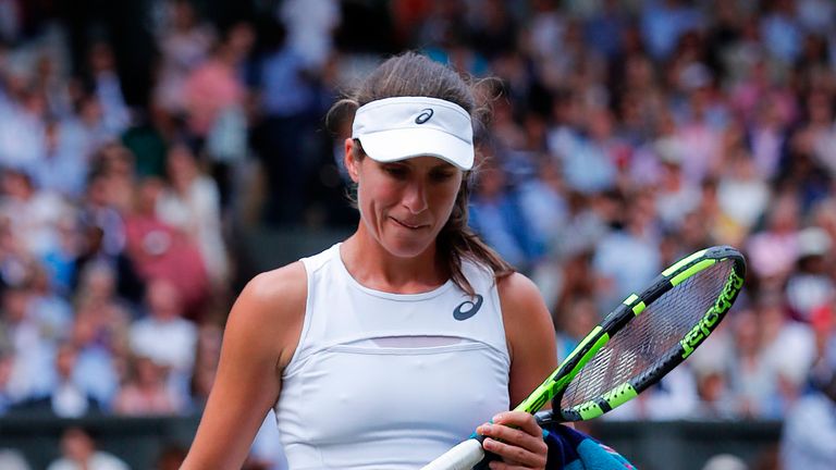 Johanna Konta is seen between points against Venus Williams during their women's singles semi-final match on the tenth day of the 2017 Wimbledon