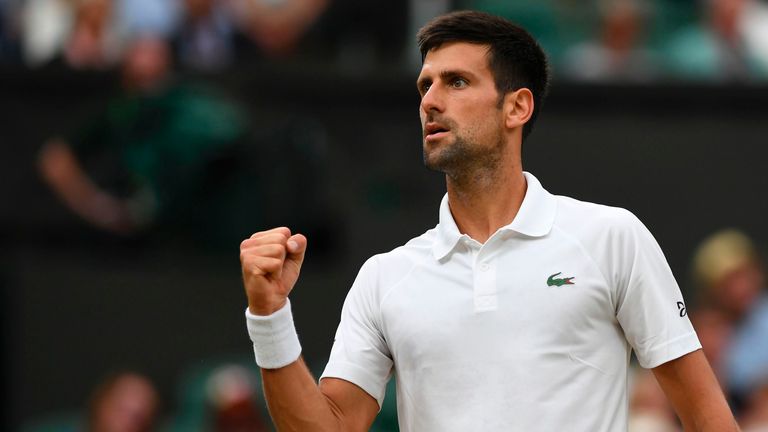Serbia's Novak Djokovic reacts against France's Adrian Mannarino during their men's singles fourth round match on the eighth day of the 2017 Wimbledon