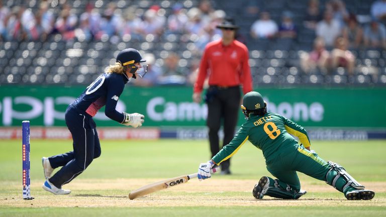England wicketkeeper Sarah Taylor celebrates after stumping South Africa batsman Trisha Chetty hits out during the ICC Women's World Cup semi-final