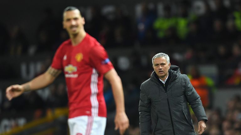 MANCHESTER, ENGLAND - APRIL 20:  Jose Mourinho manager of Manchester United looks towards Zlatan Ibrahimovic of Manchester United during the UEFA Europa Le
