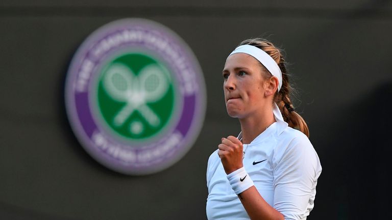 Belarus' Victoria Azarenka celebrates beating US player Catherine Bellis during their women's singles first round match on the first day of the 2017 Wimble