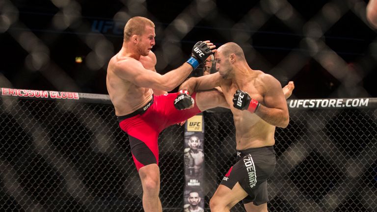 STOCKHOLM, SWEDEN - MAY 28: Volkan Oezdemir punches Misha Cirkunov during the UFC Fight Night event at Ericsson Globe on May 28, 2017 in Stockholm, Sweden.
