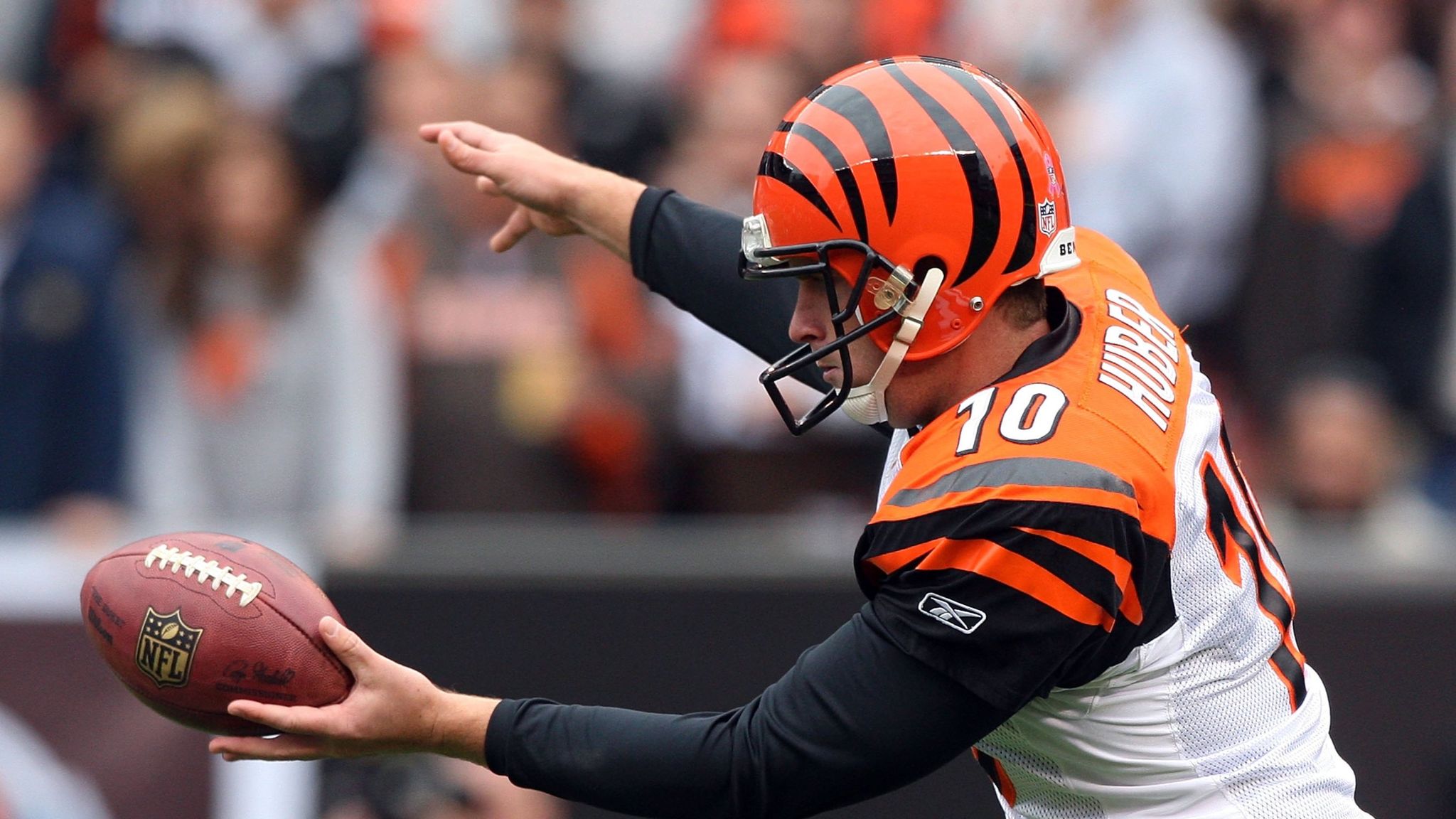 Cincinnati punter Kevin Huber (10) during game action at the Oakland  Coliseum, also known as the ''Black Hole'' in Oakland, Claif. on Sunday.  The Oakland Raiders defeated the Cincinnati Bengals 20-17. (Credit