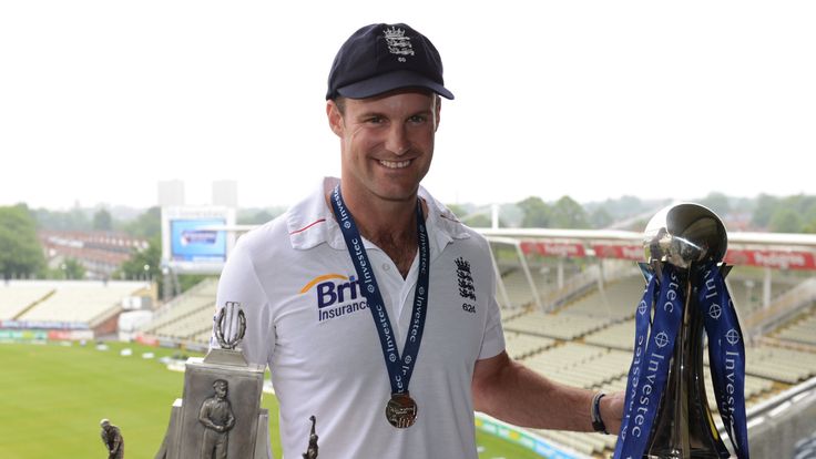 England captain Andrew Strauss holds the Investec series trophy (R) and the Wisden Trophy after a 2-0 series victory over the West Indies
