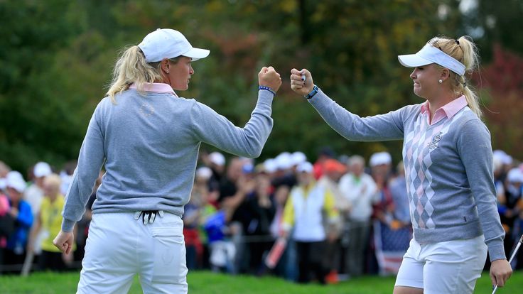 during the morning foursomes matches in the 2015 Solheim Cup at St Leon-Rot Golf Club on September 19, 2015 in Sankt Leon-Rot, Germany.