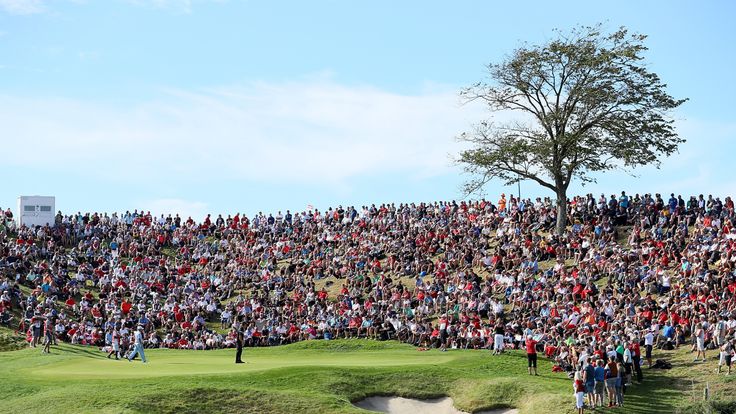 AALBORG, DENMARK - AUGUST 27:  General View of crowds and Thomas Pieters of Belgium on the 16th green during the third round of Made in Denmark at Himmerla