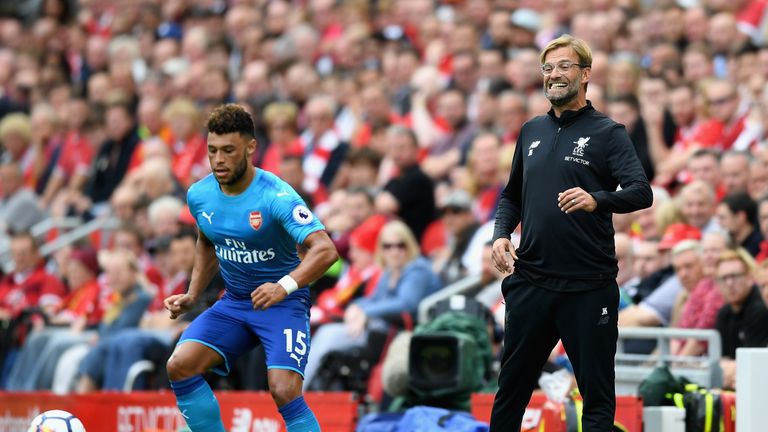 Jurgen Klopp, manager of Liverpool reacts as Alex Oxlade-Chamberlain of Arsenal controls the ball during a Premier League game in August 2017