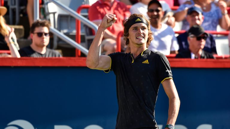 MONTREAL, QC - AUGUST 13:  Alexander Zverev of Germany reacts after scoring a point against Roger Federer of Switzerland during day ten of the Rogers Cup p