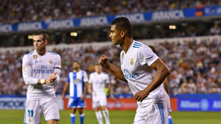 Casemiro celebrates after scoring at the end of a 44-pass move against Deportivo La Coruna