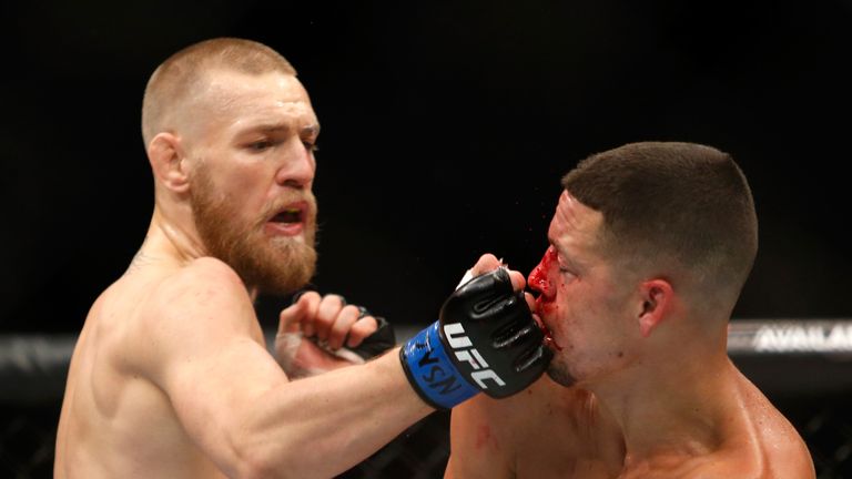 LAS VEGAS, NV - AUGUST 20:  Conor McGregor (L) hits Nate Diaz with a right during their welterweight rematch at the UFC 202 event at T-Mobile Arena on Augu