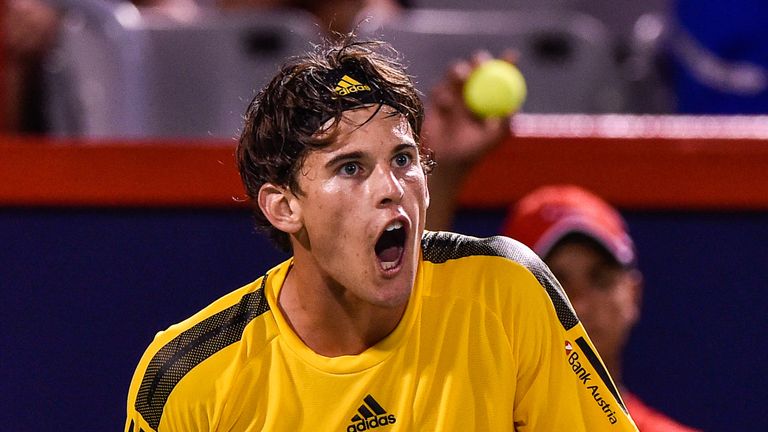 MONTREAL, QC - AUGUST 08:  Dominic Thiem of Austria reacts after losing a point against Diego Schwartzman of Argentina during day five of the Rogers Cup pr