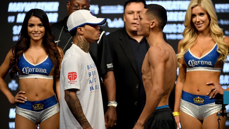 LAS VEGAS, NV - AUGUST 25:  IBF junior lightweight champion Gervonta Davis (L) and Francisco Fonseca face off during their official weigh-in at T-Mobile Ar