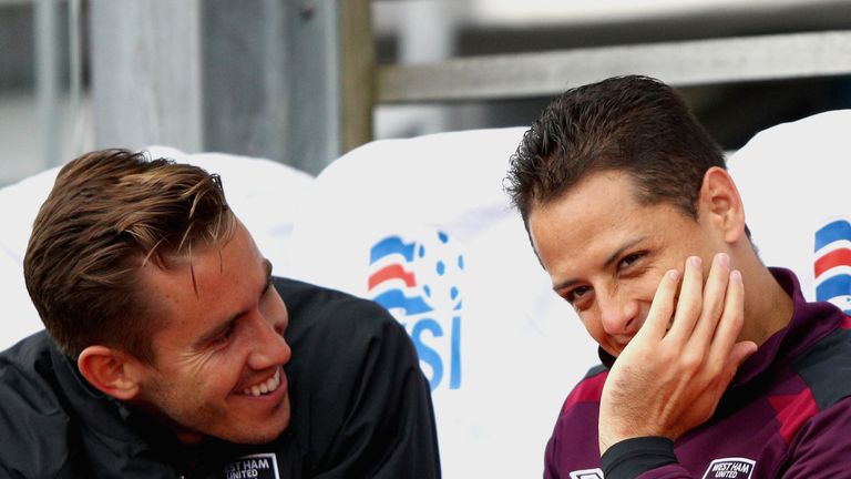 REYKJAVIK, ICELAND - AUGUST 04: Javier Hernandez of West Ham United is seen on the bench during a Pre Season Friendly between Manchester City and West Ham 
