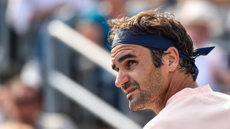 MONTREAL, QC - AUGUST 11:  Roger Federer of Switzerland looks on against Roberto Bautista Agut of Spain during day eight of the Rogers Cup presented by Nat