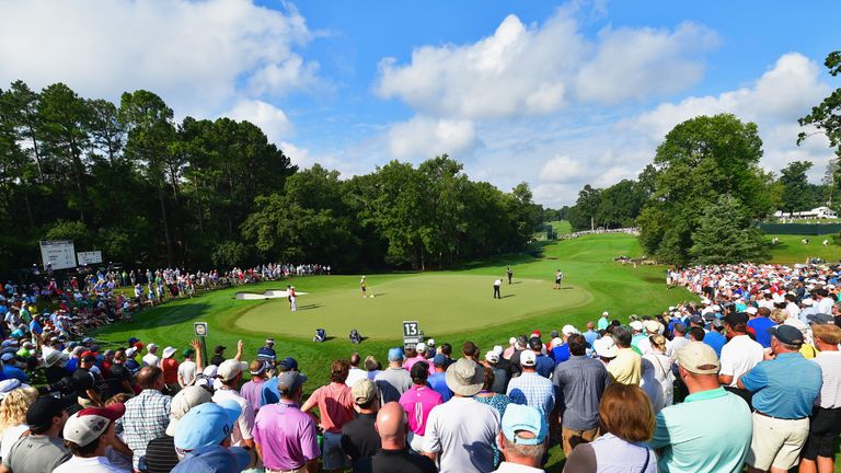 A general view of the 14th green during the first round of the 2017 PGA Championship at Quail Hollow 