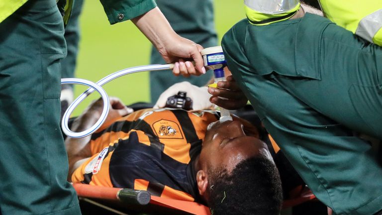 Hull City's Abel Hernandez receives treatment before being stretchered off on Tuesday
