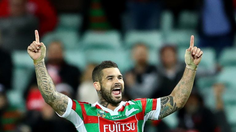 SYDNEY, AUSTRALIA - AUGUST 04:  Adam Reynolds of the Rabbitohs celebrates kicking a goal during the round 22 NRL match between the St George Illawarra Drag