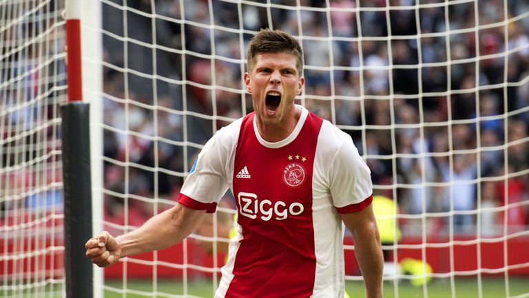 Klaas Jan Huntelaar of Ajax Amsterdam celebrates after scoring against FC Groningen during their football league match in Amsterdam on August 20, 2017.  / 