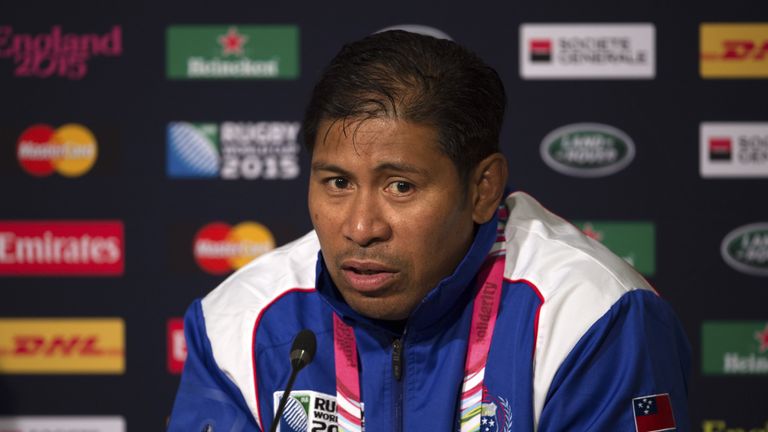 Alama Ieremia attends a press conference in Milton Keynes