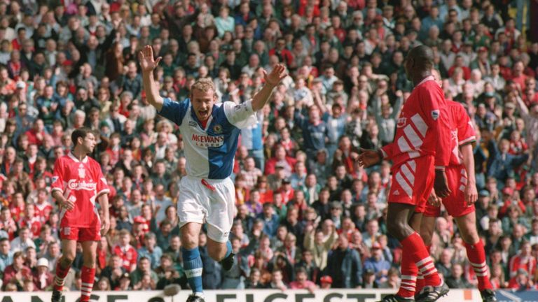 14 MAY 1994:  ALAN SHEARER OF BLACKBURN CELEBRATES SCORING AS THE LIVERPOOL DEFENCE LOOK ON  DURING THEIR FA PREMIERSHIP MATCH AT ANFIELD. Mandatory Credit