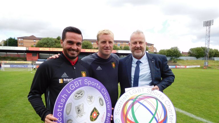 Albion Rovers' Stuart Malcolm, Brian Kerr and David Douglas pose after the club agreeed to sign up to the Scottish LGBT Sports Charter