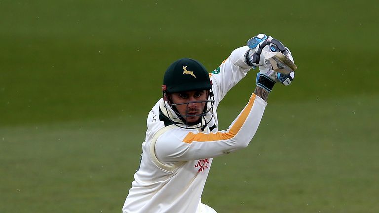 NOTTINGHAM, ENGLAND - MAY 03:  Alex Hales of Nottinghamshire drives for four runs during the Specsavers County Championship division one match between Nott